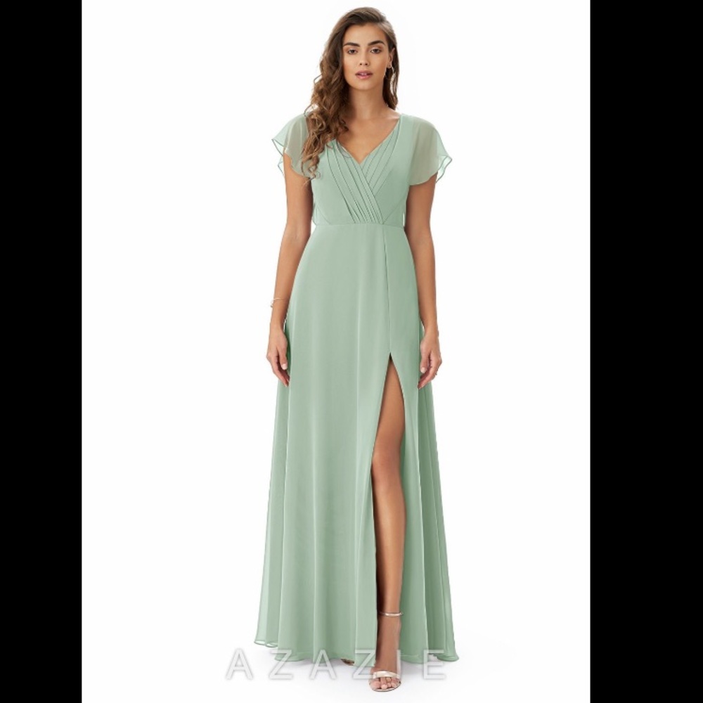 EUC Azazie Rylee Floor Length Chiffon Dress in Agave